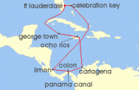 Cruise itinerary map for Princess Cruises 12 Night Caribbean with Costa Rica & Panama Canal (141550)