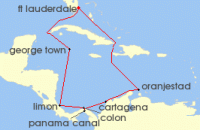 Cruise itinerary map for Princess Cruises 12 Night Caribbean with Costa Rica & Panama Canal (7691)