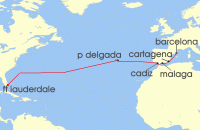 Cruise itinerary map for Disney Cruise Line 14 Night Eastbound Transatlantic Cruise From Fort Lauderdale Ending In Barcelona (22831)