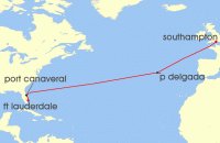 Cruise itinerary map for Cunard Line 14 Night Fort Lauderdale To Southampton (132812)