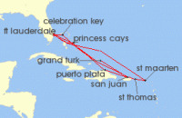 Cruise itinerary map for Princess Cruises 14 Night Eastern Caribbean Adventurer (141083)
