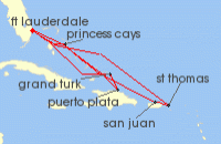 Cruise itinerary map for Princess Cruises 12 Night Eastern Caribbean Adventurer (120181)
