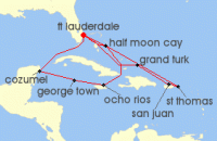 Cruise itinerary map for Holland America Line 14 Night Eastern & Western Caribbean: San Juan & Mexico (52565)