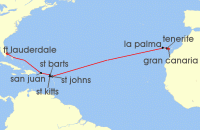 Cruise itinerary map for Crystal Cruises 14 Night Transoceanic - Fort Lauderdale To Las Palmas Gran Canaria (130963)