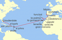 Cruise itinerary map for Crystal Cruises 24 Night Transoceanic - Fort Lauderdale To Lisbon (134779)