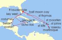 Cruise itinerary map for Holland America Line 21 Night Eastern & Western Caribbean: Leeward Islands & Mexico (134323)