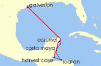 Cruise itinerary map for Norwegian Cruise Line 7 Night Caribbean Round-trip Galveston: Harvest Caye, Cozumel & Roatan (116709)