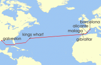 Cruise itinerary map for Carnival Cruises 15 Night SEA Cruise Transatlantic From Galveston (138110)