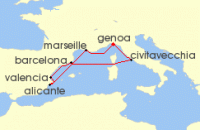 Cruise itinerary map for MSC Cruises 8 Night Mediterranean (119519)