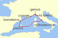 Cruise itinerary map for MSC Cruises 7 Night Mediterranean (75580)