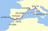 Cruise itinerary map for MSC Cruises 10 Night Mediterranean (142074)