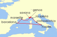 Cruise itinerary map for Costa Cruises 7 Night Mediterranean from Genoa (137451)