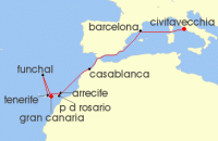 Cruise itinerary map for MSC Cruises 10 Night Canary Islands and Madeira (139095)