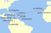 Cruise itinerary map for AIDA 19 Nacht Von Gran Canaria nach Barbados (139937)