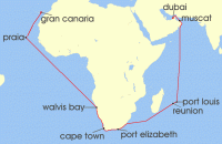 Cruise itinerary map for AIDA 34 Nacht Weltenbummler Kapverden, Sudafrika & Mauritius 1 (136928)