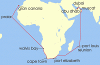Cruise itinerary map for AIDA 35 Nacht Weltenbummler Kapverden, Sudafrika & Mauritius 2 (136929)