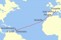 Cruise itinerary map for Costa Cruises 14 Night Ocean Cruises from Guadeloupe (129828)