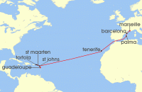 Cruise itinerary map for MSC Cruises 15 Night MSC Grand Voyages (133444)
