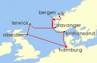 Cruise itinerary map for AIDA 9 Nacht Grosbritannien & Norwegen ab Hamburg (126017)