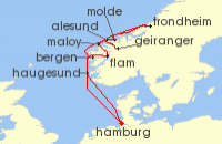 Cruise itinerary map for AIDA 11 Nacht Norwegens Fjord-Weltnaturerbe ab Hamburg 2 (122872)