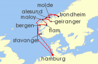 Cruise itinerary map for AIDA 11 Nacht Norwegens Fjord-Weltnaturerbe ab Hamburg 2 (134949)