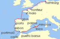 Cruise itinerary map for Hapag Lloyd 16 Night Culture And Culinary Delights Along Sunny Coasts (Hamburg - Palma de Mallorca) (120318)