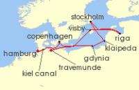 Cruise itinerary map for Hapag Lloyd 12 Night Summertime Baltic Breeze (Hamburg - Travemunde) (131992)
