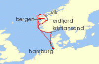 Cruise itinerary map for AIDA 7 Nacht Norwegens Fjorde mit Eidfjord ab Hamburg (124267)
