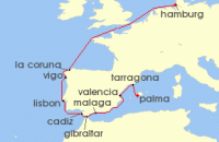 Cruise itinerary map for AIDA 14 Nacht Von Hamburg uber Portugal nach Mallorca (139339)