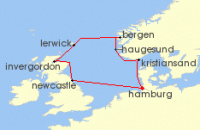 Cruise itinerary map for AIDA 9 Nacht Grosbritannien & Norwegen ab Hamburg (100901)