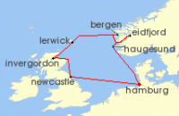Cruise itinerary map for AIDA 9 Nacht Grosbritannien & Norwegen ab Hamburg (135299)
