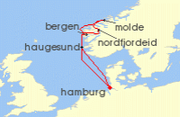 Cruise itinerary map for TUI Cruises 7 Nachte - Fjordland Norwegen - Ab/Bis Hamburg (141293)