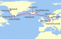 Cruise itinerary map for AIDA 21 Nacht Island & Gronland von Hamburg nach Warnemunde (135700)