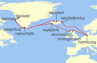 Cruise itinerary map for AIDA 21 Nacht Island & Gronland ab Hamburg (135216)