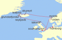 Cruise itinerary map for Cunard Line 18 Night Iceland And Norway (135102)