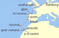 Cruise itinerary map for AIDA 13 Nacht Westeuropa-Highlights ab Hamburg 1 (128247)