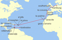 Cruise itinerary map for AIDA 28 Nacht Von Hamburg nach Barbados (139947)