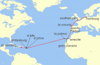 Cruise itinerary map for AIDA 21 Nacht Von Hamburg in die Dominikanische Republik (129120)