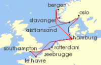 Cruise itinerary map for AIDA 14 Nacht Metropolen & Sudnorwegen ab Hamburg (105537)