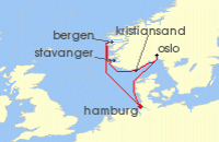 Cruise itinerary map for AIDA 7 Nacht Sudnorwegen ab Hamburg (105519)