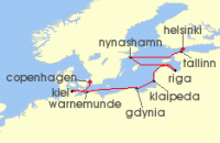 Cruise itinerary map for Norwegian Cruise Line 9 Night Baltic from Helsinki to Copenhagen: Germany, Sweden & Poland (124674)