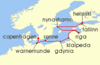 Cruise itinerary map for Norwegian Cruise Line 9 Night Baltic from Helsinki to Cophenhagen: Germany, Sweden & Poland (136935)