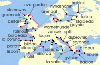 Cruise itinerary map for Oceania Cruises 67 Night Continental Encounters Helsinki to Athens (138468)