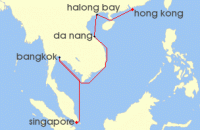 Cruise itinerary map for Cunard Line 12 Night Hong Kong To Singapore (140639)