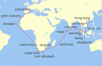 Cruise itinerary map for Costa Cruises 46 Night World Tour from Hong Kong (China) (139085)