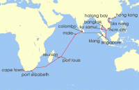 Cruise itinerary map for TUI Cruises 36 Nachte - Indischer Ozean Mit Mauritius - Ab Hongkong/Bis Kapstadt (140001)