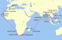 Cruise itinerary map for TUI Cruises 57 Nachte - Grose Weltentdecker-Route - Ab Hongkong/Bis Palma (140002)