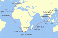 Cruise itinerary map for Cunard Line 48 Night Hong Kong To Southampton (140621)