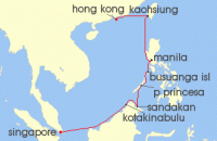 Cruise itinerary map for Silversea Cruises 14 Night Hong Kong To Singapore (140327)