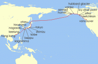 Cruise itinerary map for Viking Cruises 36 Night Far East & Alaska (137950)